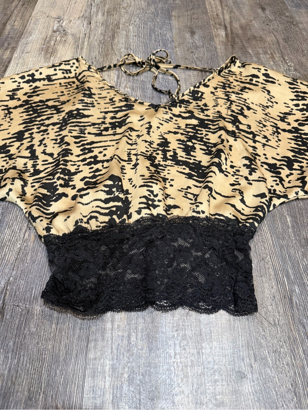 Charlotte Russe Beige Animal Print Top with Black Lace Trim